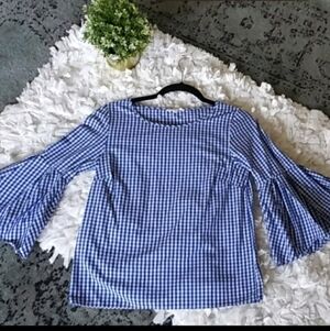 Jane and Delancey White Blue Gingham Bell Sleeve Top Women's Small S 100% Cotton
